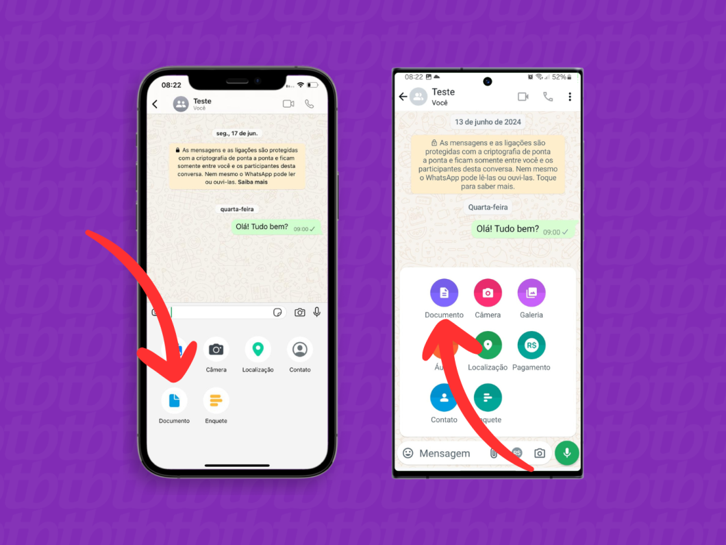 Capturas de tela do aplicativo WhatsApp no iPhone e no Android mostram como abrir a opção "Documento"
