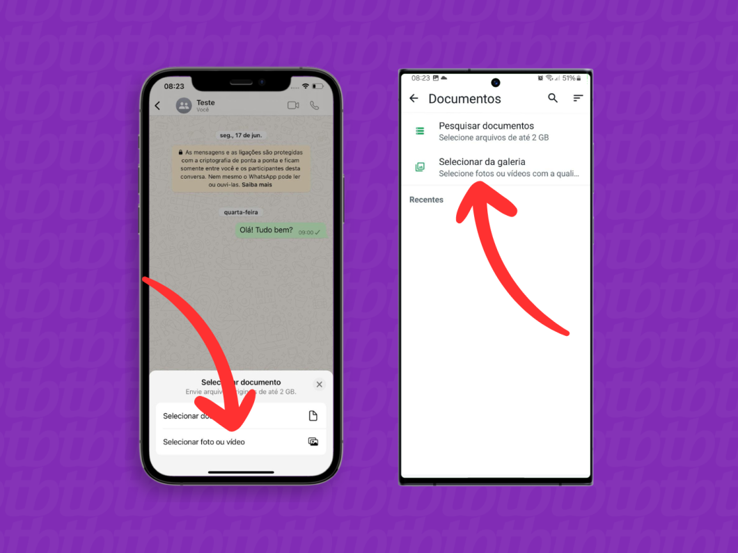 Capturas de tela do aplicativo WhatsApp no iPhone e no Android mostram como abrir a galeria de mídias