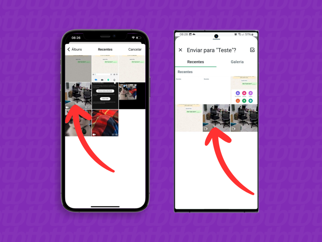 Capturas de tela do aplicativo WhatsApp no iPhone e no Android mostram como selecionar um vídeo