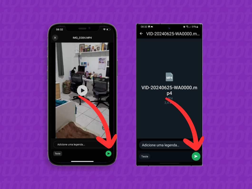 Capturas de tela do aplicativo WhatsApp no iPhone e no Android mostram como enviar um vídeo grande