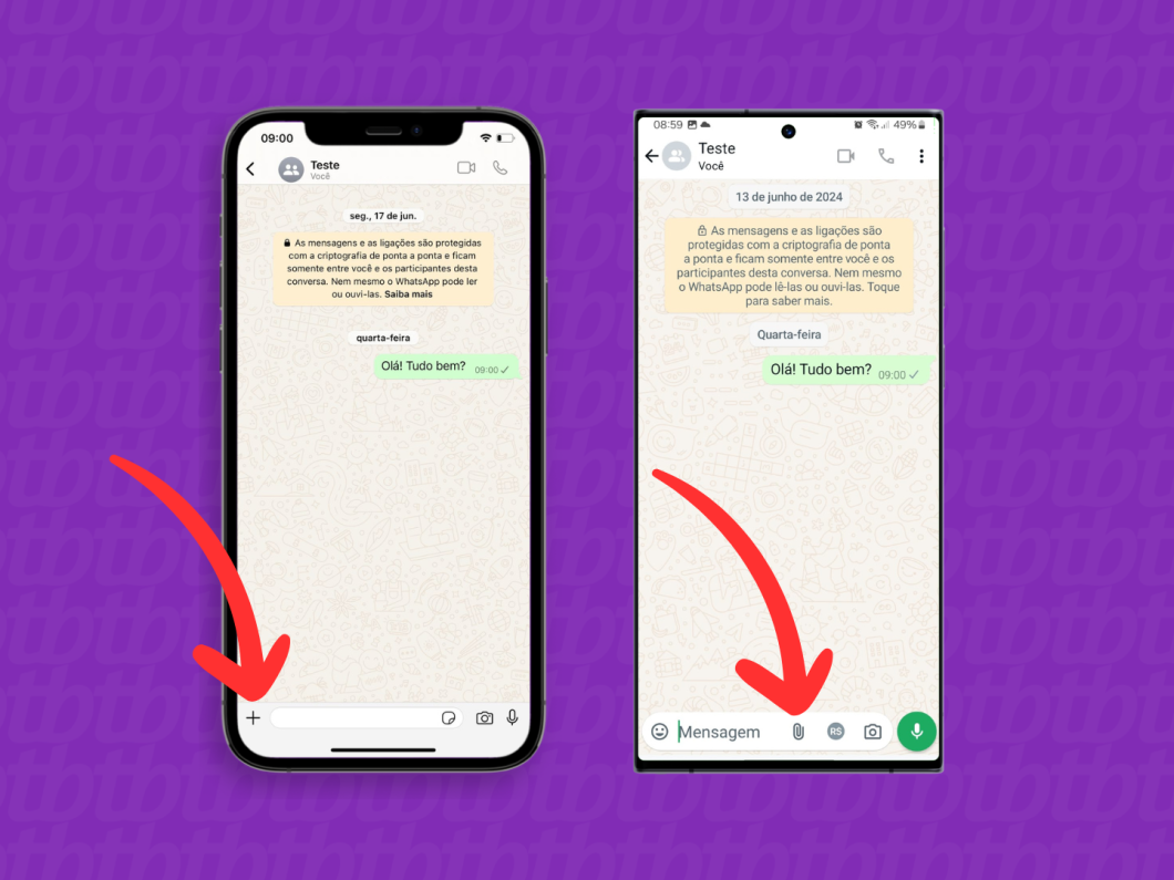 Capturas de tela do aplicativo WhatsApp no iPhone e no Android mostram como acessar o menu de ferramentas