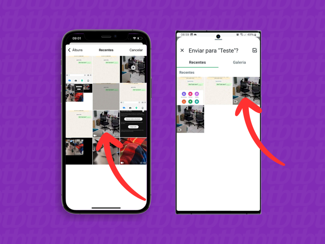 Capturas de tela do aplicativo WhatsApp no iPhone e no Android mostram como selecionar um arquivo grande