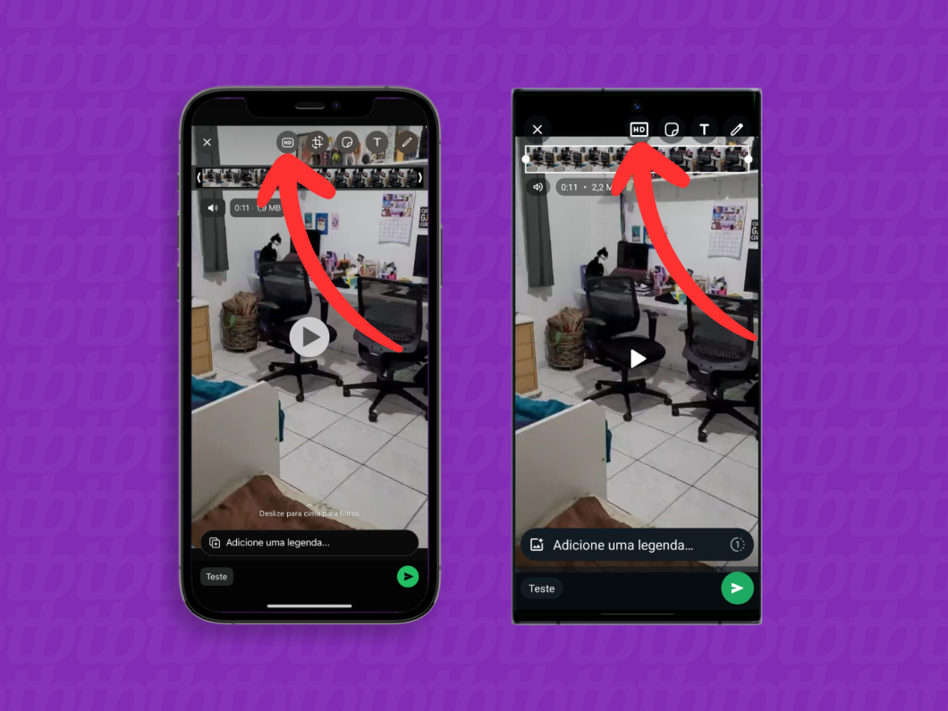 Capturas de tela do aplicativo WhatsApp no iPhone e no Android mostram como selecionar a opção HD