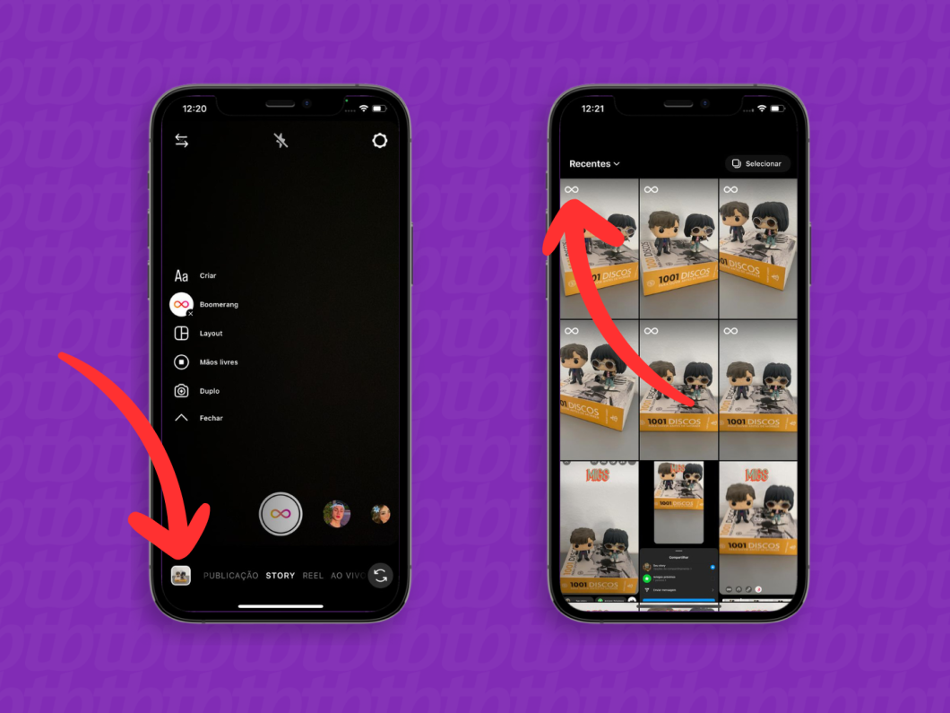 Capturas de tela do aplicativo WhatsApp mostram como criar um boomerang com fotos no iPhone