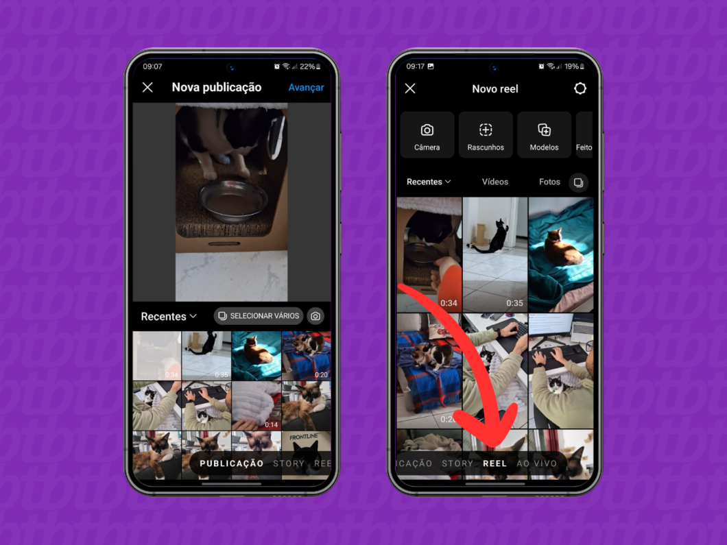 Capturas de tela do aplicativo Instagram mostram como selecionar a opção "Reel"