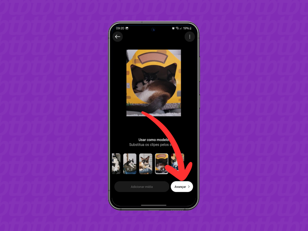 Captura de tela do aplicativo Instagram mostra como avançar na edição de um modelo de reel