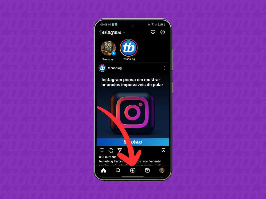 Captura de tela do aplicativo Instagram mostra como abrir o menu de criação de publicações
