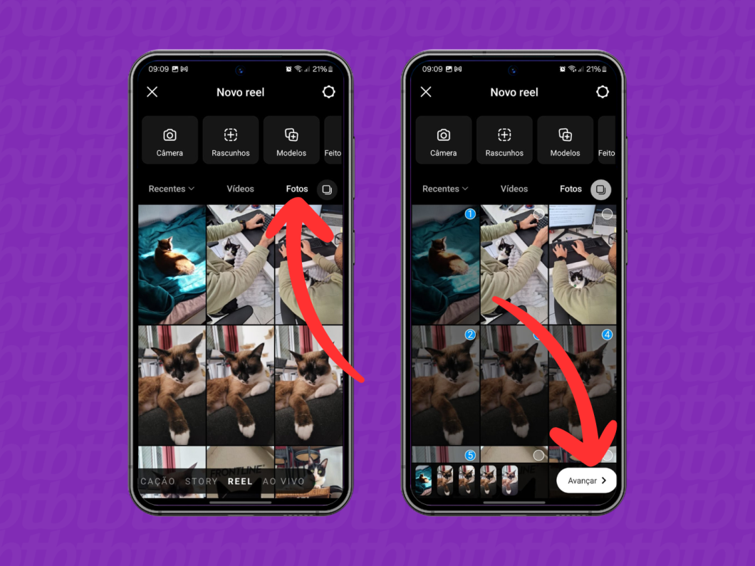 Capturas de tela do aplicativo Instagram indicam como selecionar fotos para criar um reel