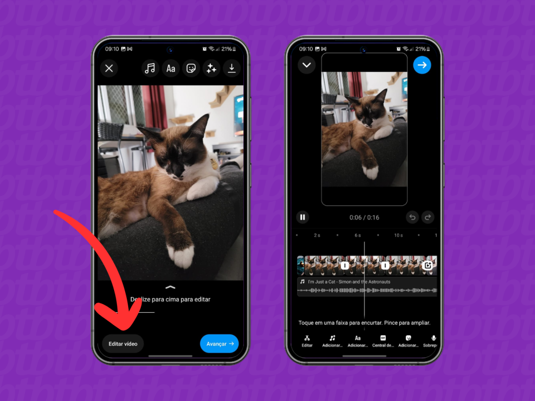 Capturas de tela do aplicativo Instagram indicam editar um reel com fotos
