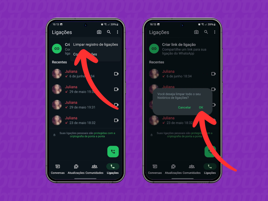 Capturas de tela do aplicativo WhatsApp no Android mostram como limpar o registro de ligações