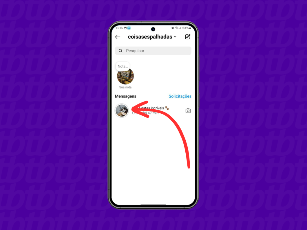 Captura de tela do aplicativo Instagram mostra como abrir um bate-papo nas mensagens diretas
