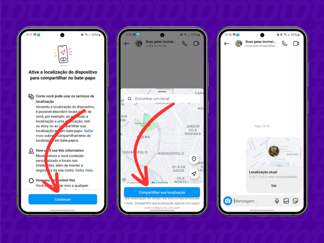 Capturas de tela do aplicativo Instagram mostram como usar a ferramenta "Compartilhar localização"