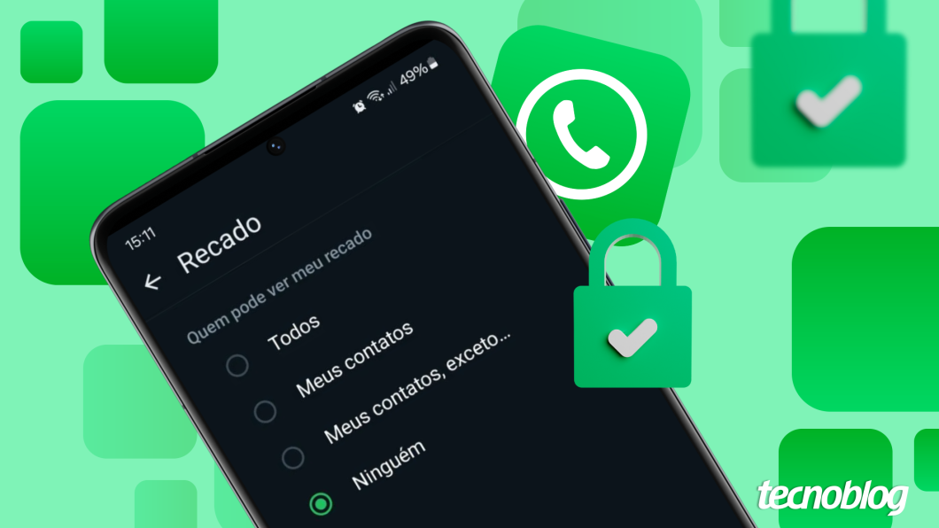 Ilustração mostra a tela de configuração de privacidade do recurso "Recado" do WhatsApp