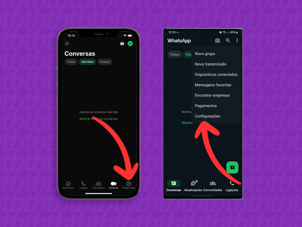 Capturas de tela do aplicativo WhatsApp no iOS e no Android mostram como acessar as configurações