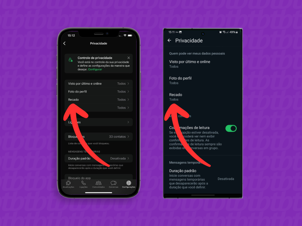 Capturas de tela do aplicativo WhatsApp no iOS e no Android mostram como acessar o menu "Recado"