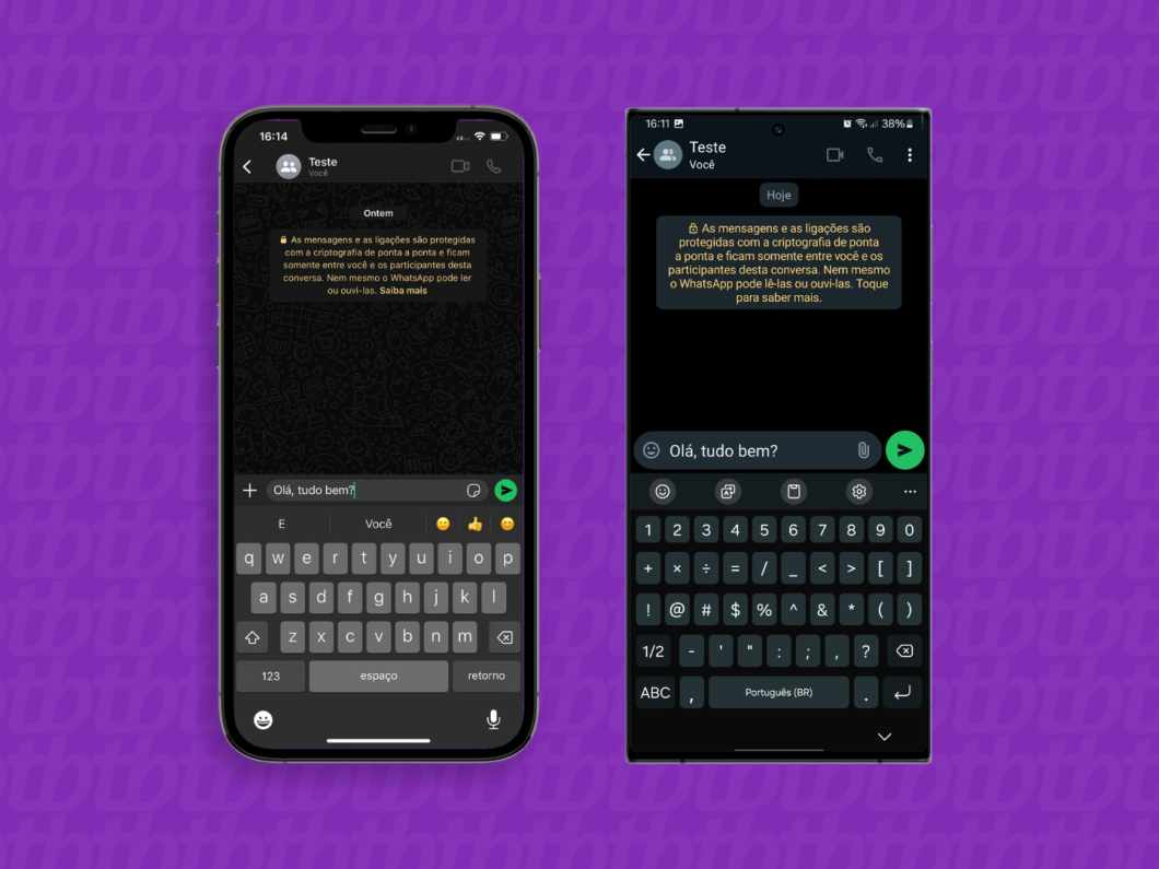Capturas de tela do WhatsApp no iOS e Android mostram como escrever uma mensagem