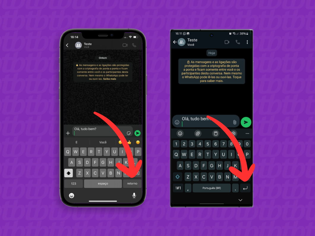 Capturas de tela do WhatsApp no iOS e Android mostram como usar os botões "Retorno" e "Enter" para quebrar a linha