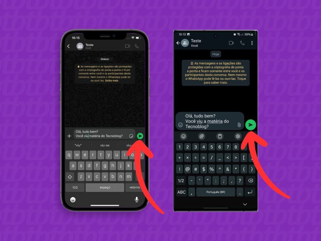 Capturas de tela do WhatsApp no iOS e Android mostram como enviar uma mensagem
