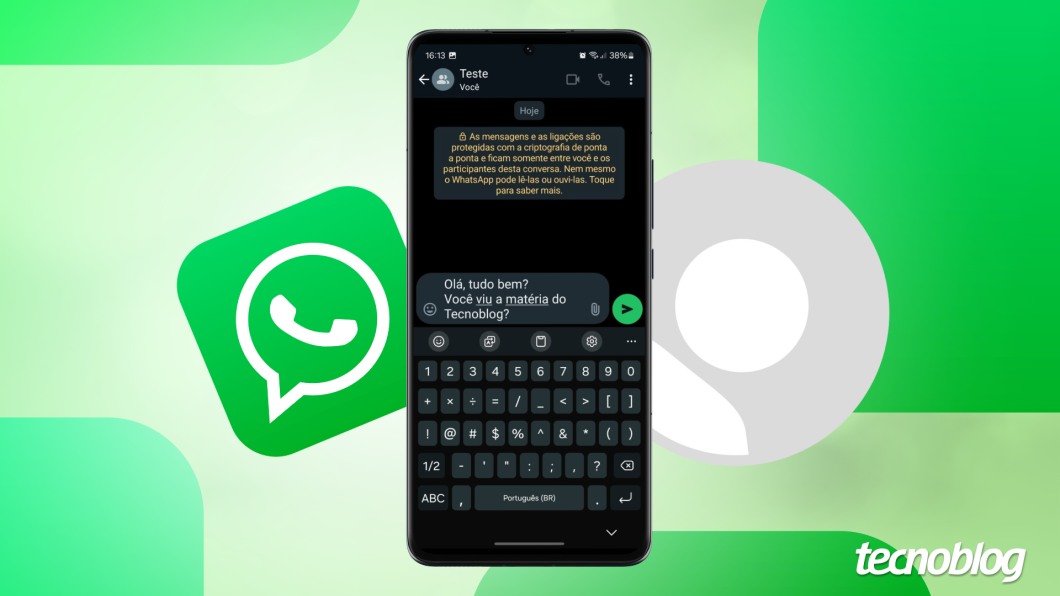 Ilustração mostra uma tela do WhatsApp com uma mensagem que teve quebra de linha no texto