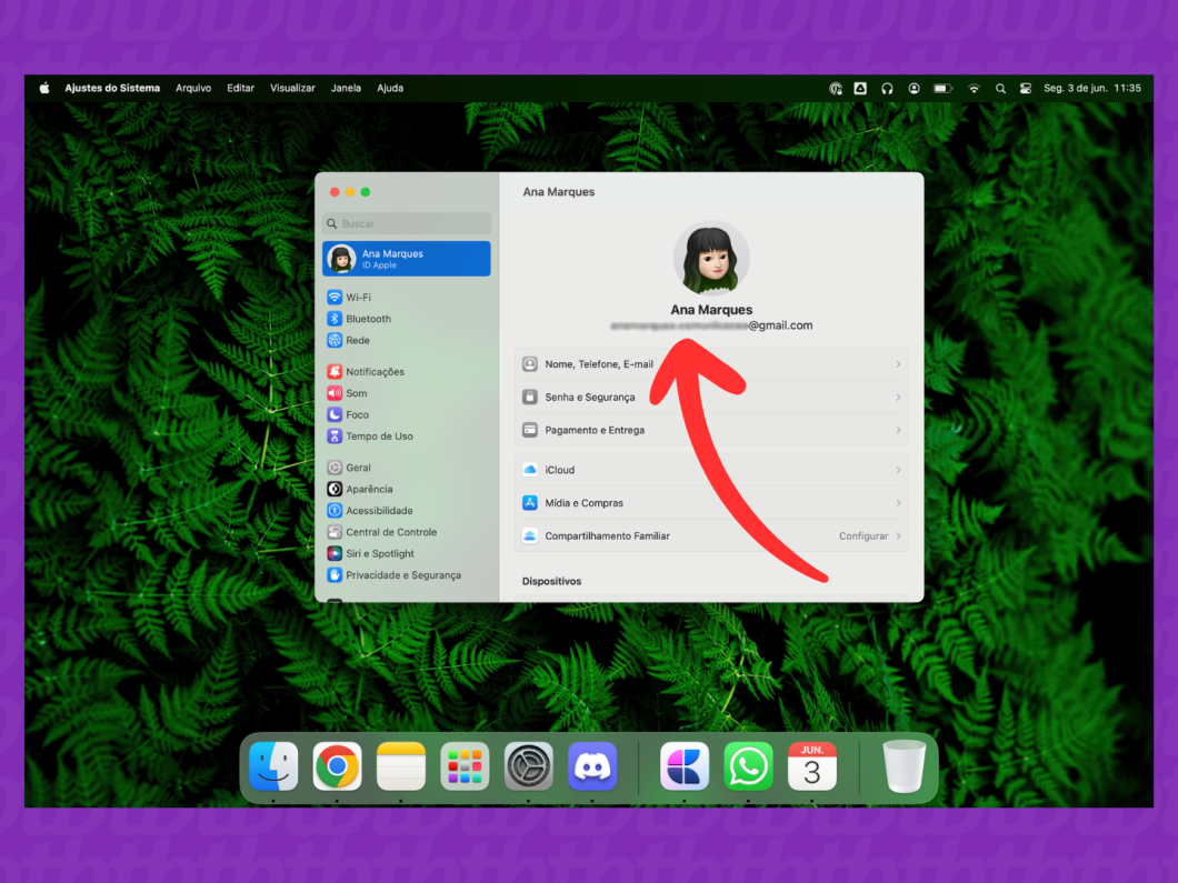 Captura de tela do Mac mostra como o endereço de e-mail que é credencial do ID Apple