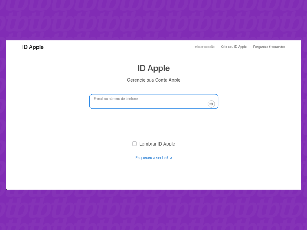 Captura da tela do site ID Apple para informar e-mail ou número de telefone vinculado ao ID Apple