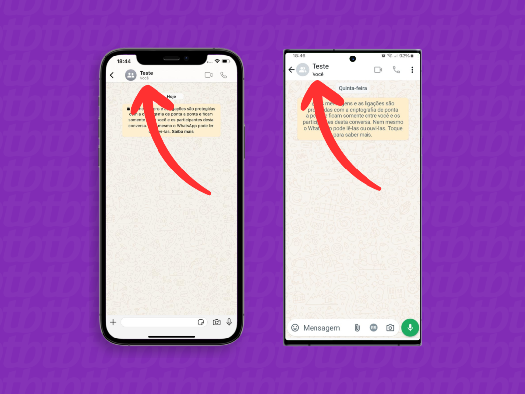 Capturas de tela do aplicativo WhatsApp no iPhone e no Android mostram como acessar as opções das conversas
