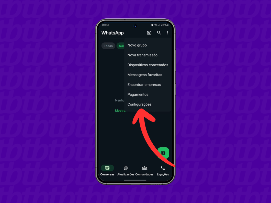 Captura de tela do aplicativo WhatsApp para Android mostra como abrir as configurações