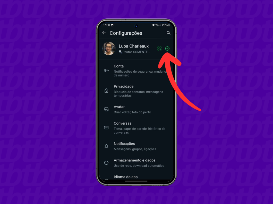 Captura de tela do aplicativo WhatsApp para Android mostra como acessar a opção de adicionar nova conta