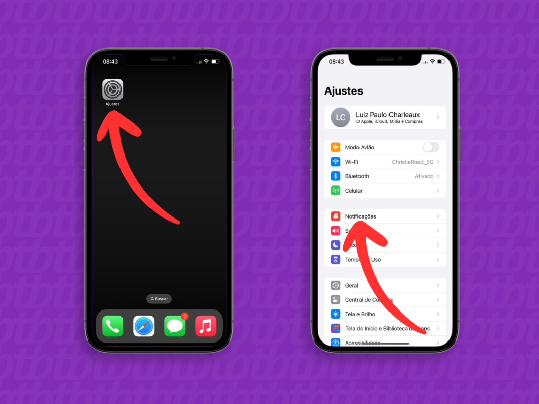 Capturas de tela do iPhone mostram como acessar o app "Ajustes" e o menu "Notificações"