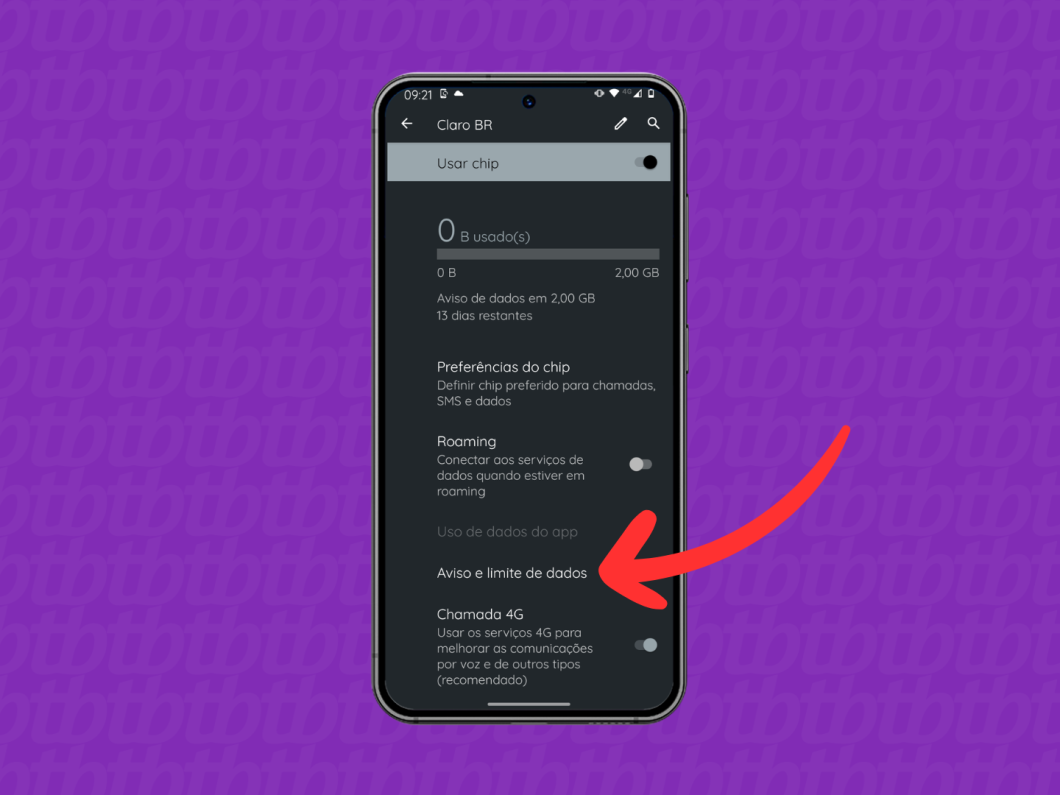 Captura de tela do celular Motorola mostra como acessar o menu "Aviso e limite de dados"