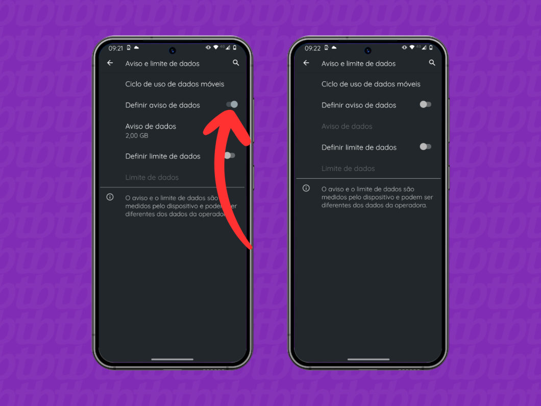 Captura de tela do celular Motorola mostra como desativar o recurso "Definir aviso de dados"