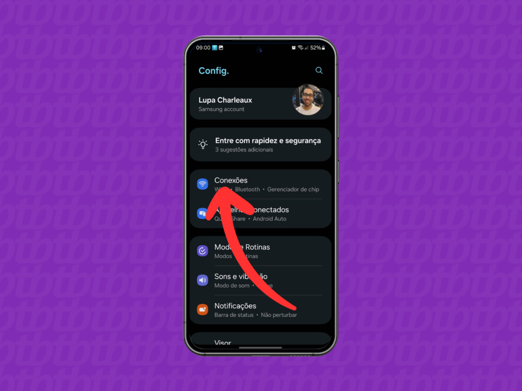 Captura de tela do celular Samsung mostra como abrir o menu "Conexões"