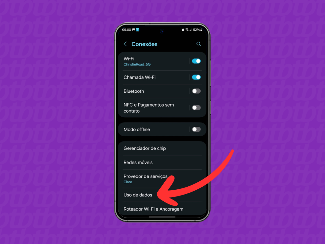 Captura de tela do celular Samsung mostra como acessar o menu "Uso de dados"