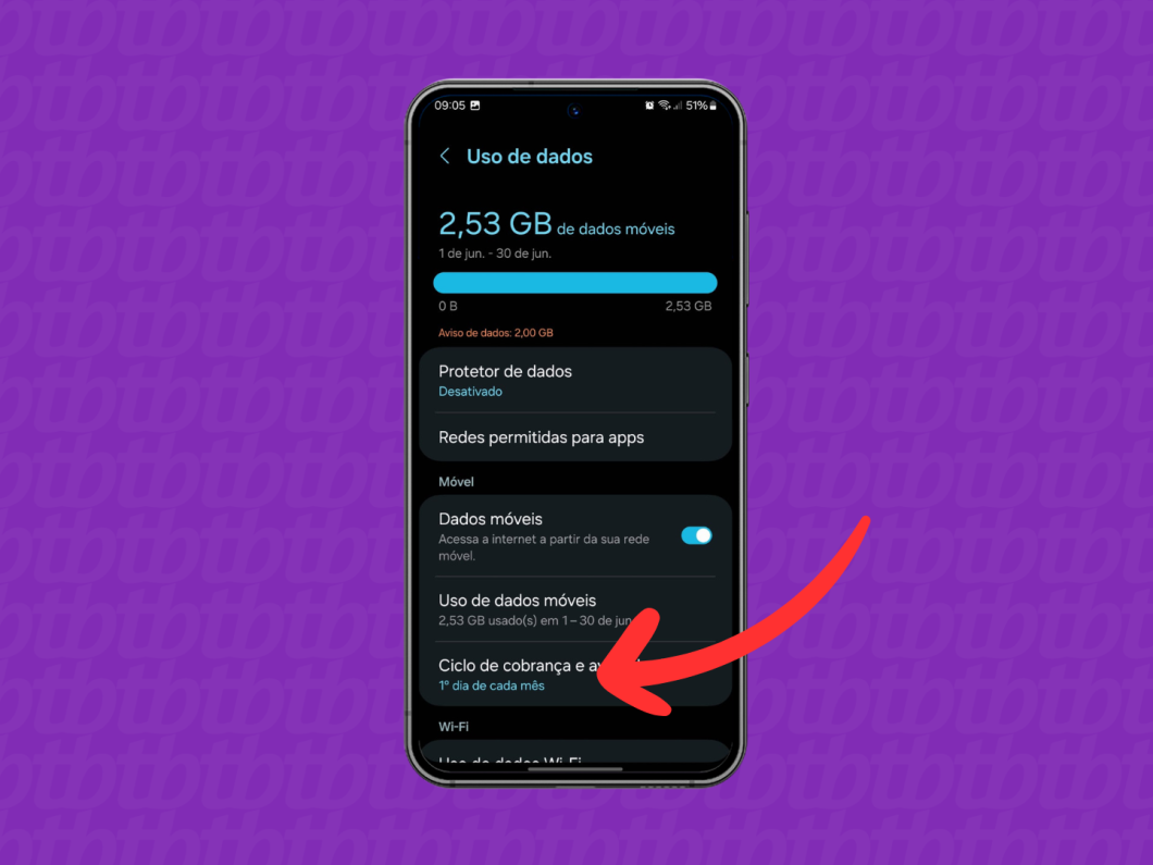 Captura de tela do celular Samsung mostra como acessar o menu "Ciclo de cobrança e avisos"
