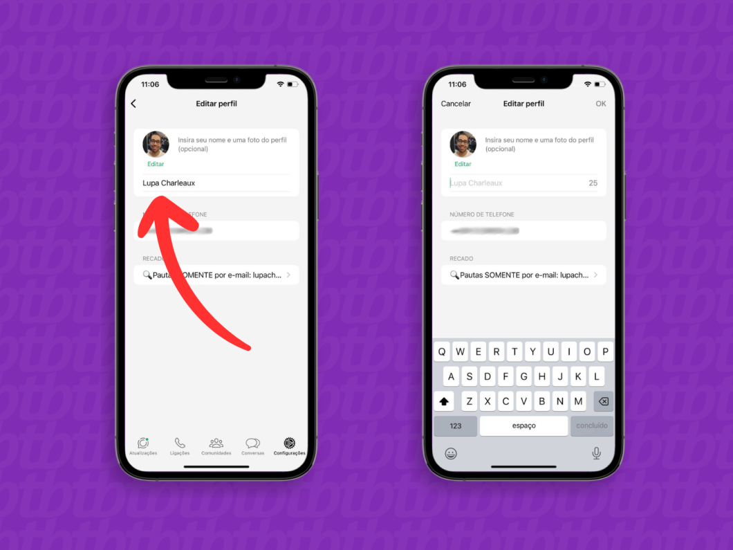 Capturas de tela do aplicativo WhatsApp no iOS mostram como excluir o nome de perfil