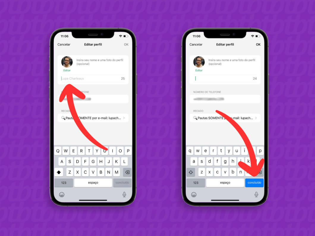 Capturas de tela do aplicativo WhatsApp no iOS mostram como colar o caractere unicode invisível no campo de nome