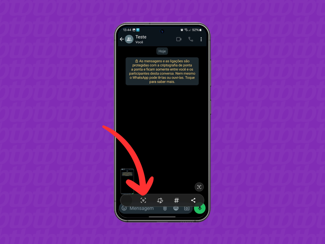 Captura de tela do aplicativo WhatsApp mostra como usar o recurso de print estendido no Android