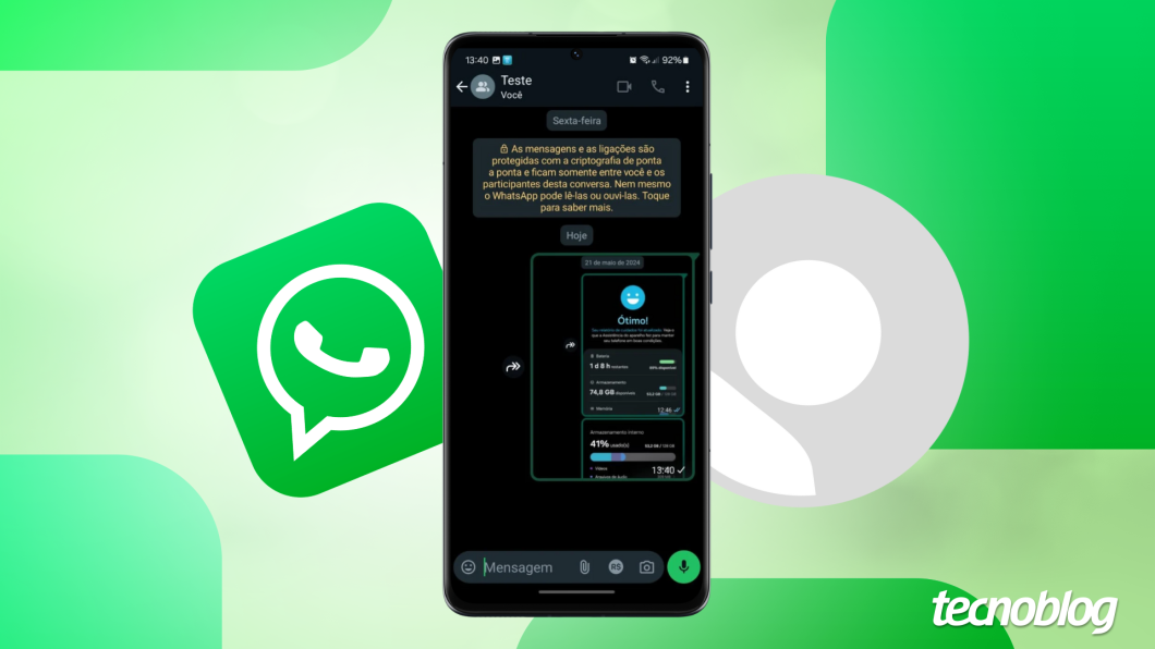 Ilustração mostra a tela do WhatsApp com um print de uma conversa do aplicativo sendo enviada