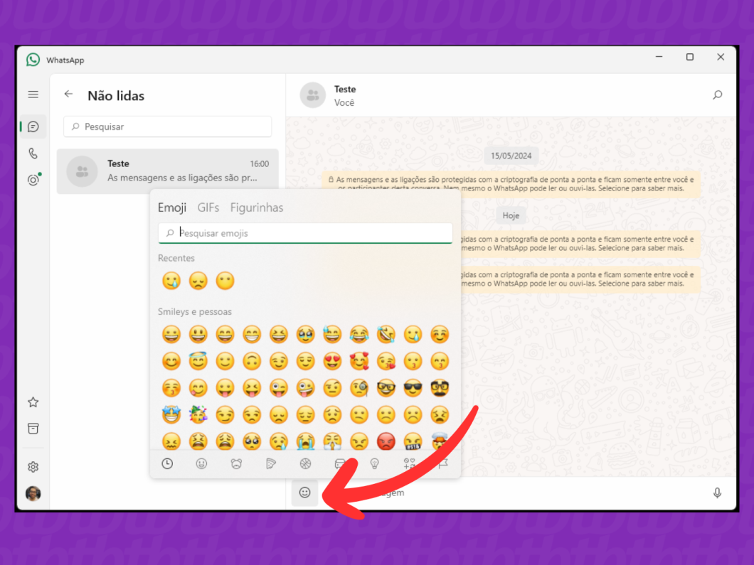 Captura de tela do WhatsApp Desktop mostra como acessar o atalho de emojis
