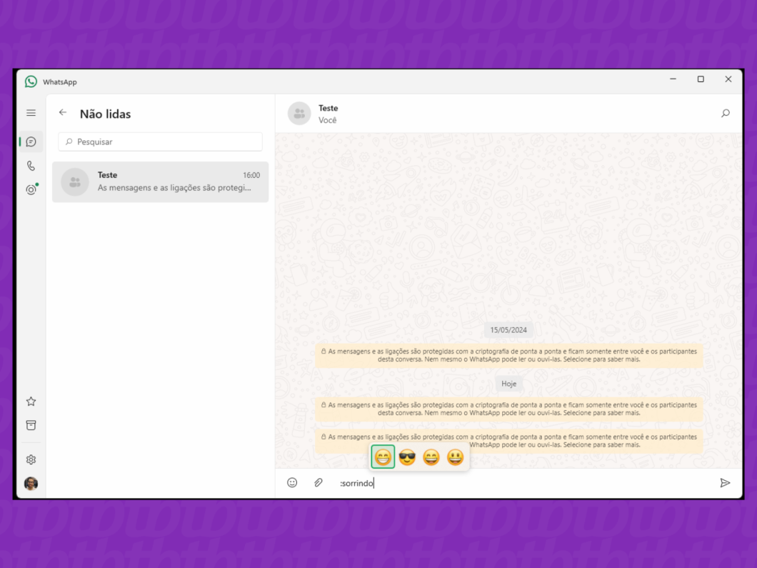 Captura de tela do WhatsApp Desktop mostra como usar o atalho no teclado para exibir os emojis