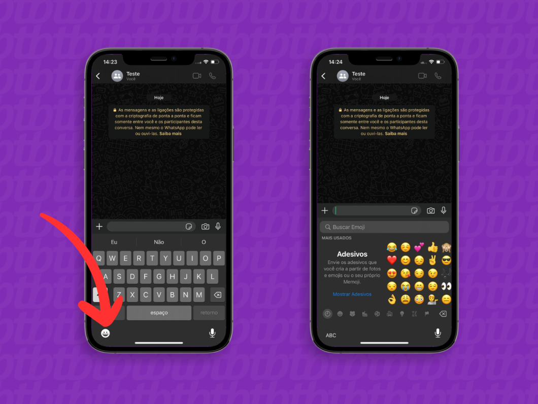 Capturas de tela do WhatsApp no iOS mostram como abrir a aba de emojis