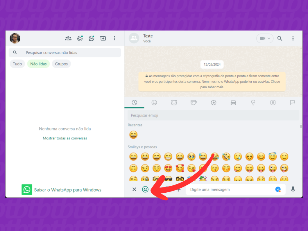 Captura de tela do WhatsApp Web mostra como abrir a aba de emojis