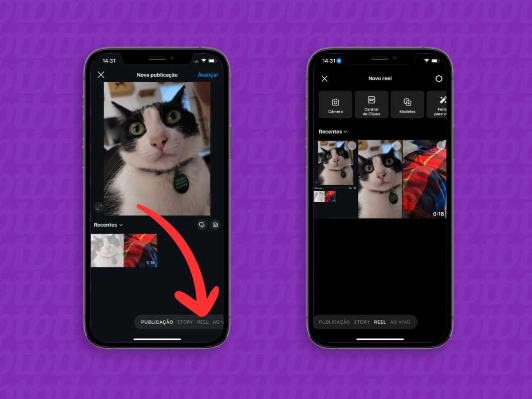 Capturas de tela do aplicativo Instagram mostram como selecionar a opção "Reel"
