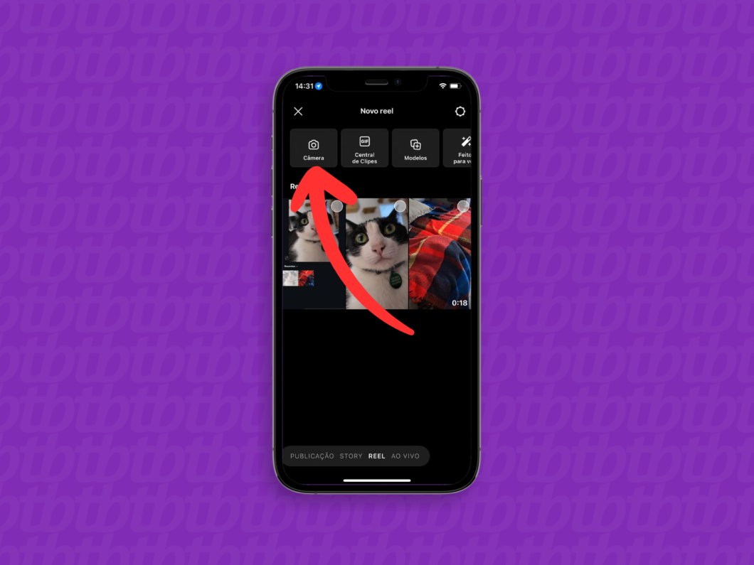 Captura de tela do aplicativo Instagram mostra como criar abrir a câmera para criar um novo reel
