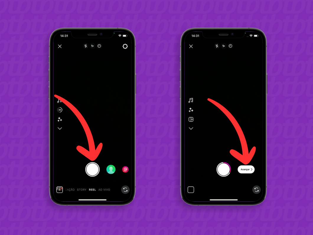 Capturas de tela do aplicativo Instagram mostram como gravar um novo reel