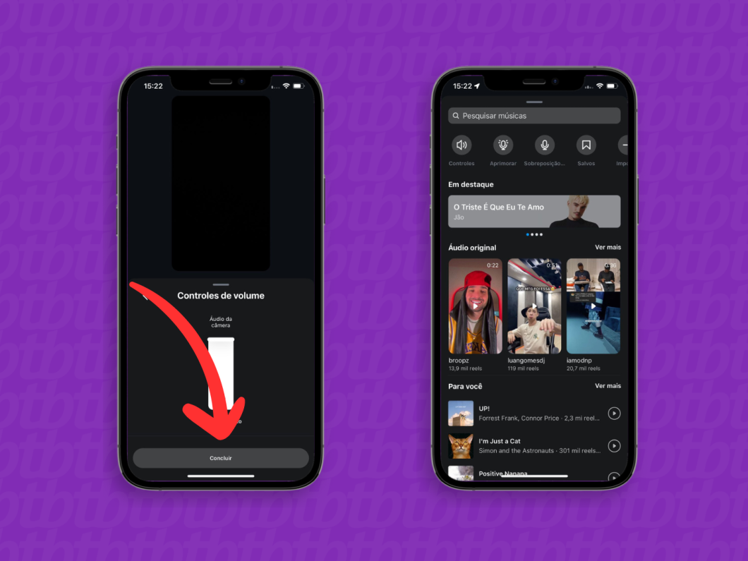 Capturas de tela do aplicativo Instagram mostram como concluir as alterações do controle de volume