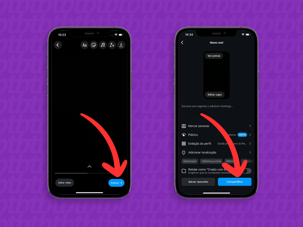 Capturas de tela do aplicativo Instagram mostram como concluir as edições e compartilhar o vídeo no Reels