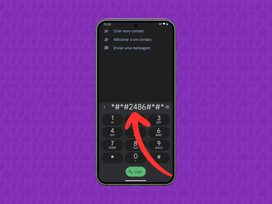 Captura de tela do app Telefone no celular Motorola mostra o código para acessar o menu de diagnósticos
