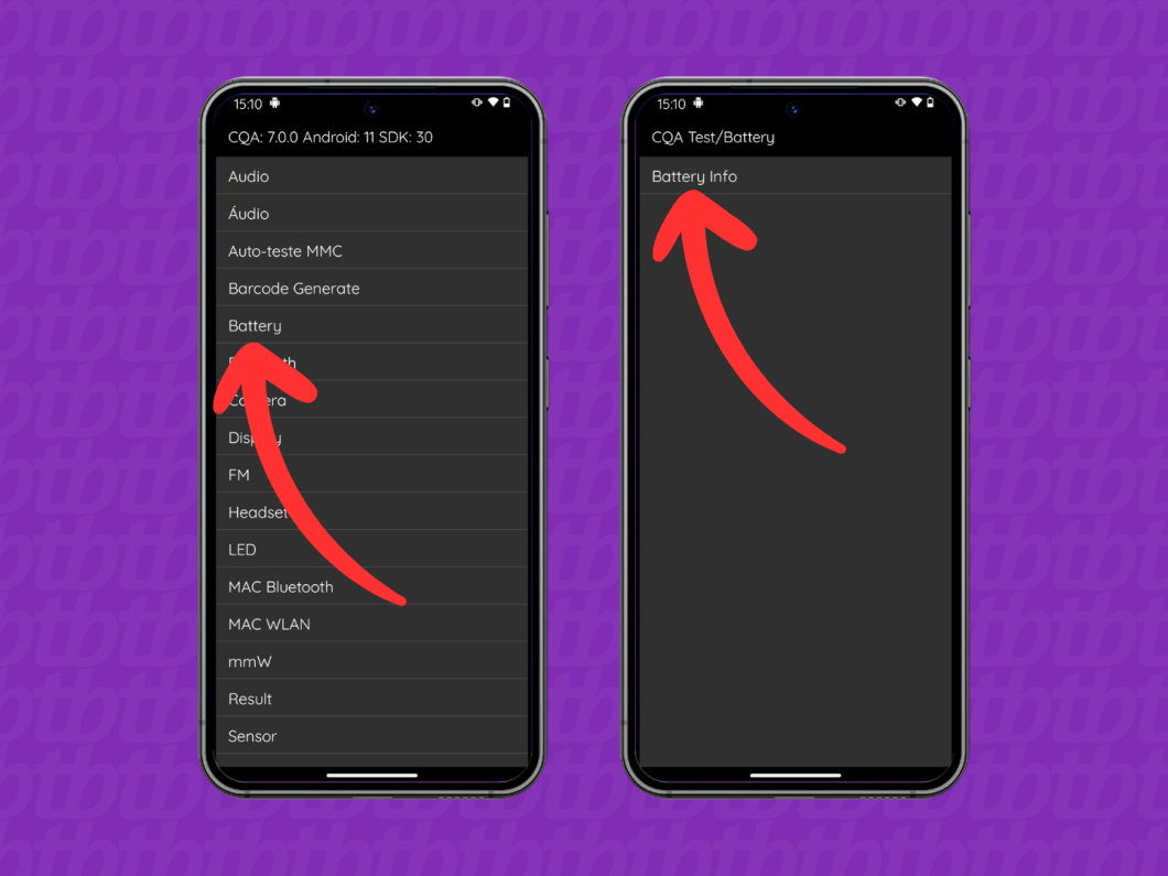Captura de tela do menu de diagnósticos do celular Motorola mostra como acessar as informações de bateria