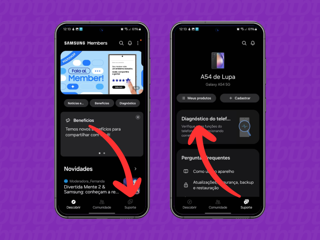 Capturas de tela do app Samsung Members mostram como acessar o recurso "Diagnostico do telefone"